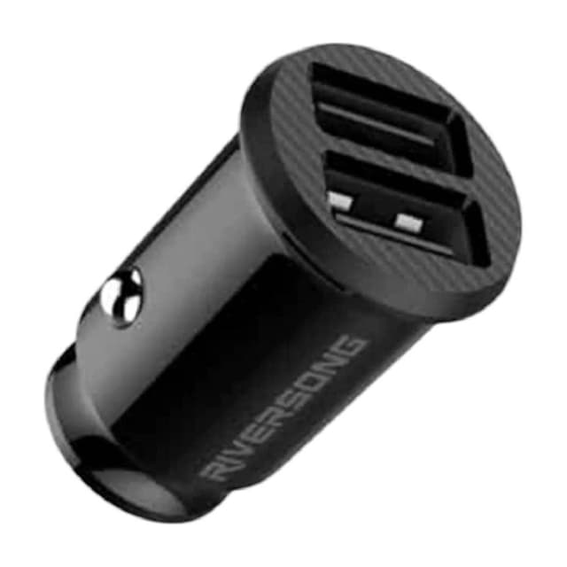 Riversong Safari P2 2.4A Car Charger with 2 USB Ports, Included 1M USB to Lightning Cable, and Lightweight Design for iPhone, iPad, and More (Black) - RS.SAFARIP2-CC13.BK