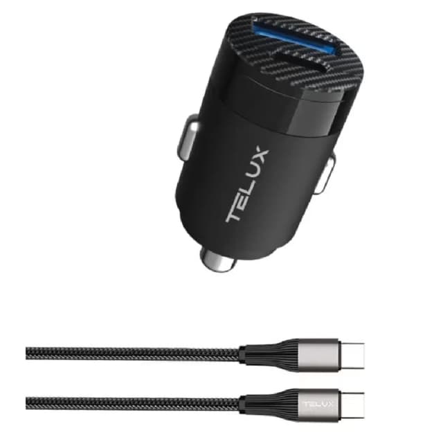 Telux PowerGo PD65C 65W Mini Car Charger with 1 USB-C + 1 USB-A Ports, Included USB-C to USB-C Cable, and Universal Device Compatibility (Black) - TX.POWERGO-CCPG65C.BK