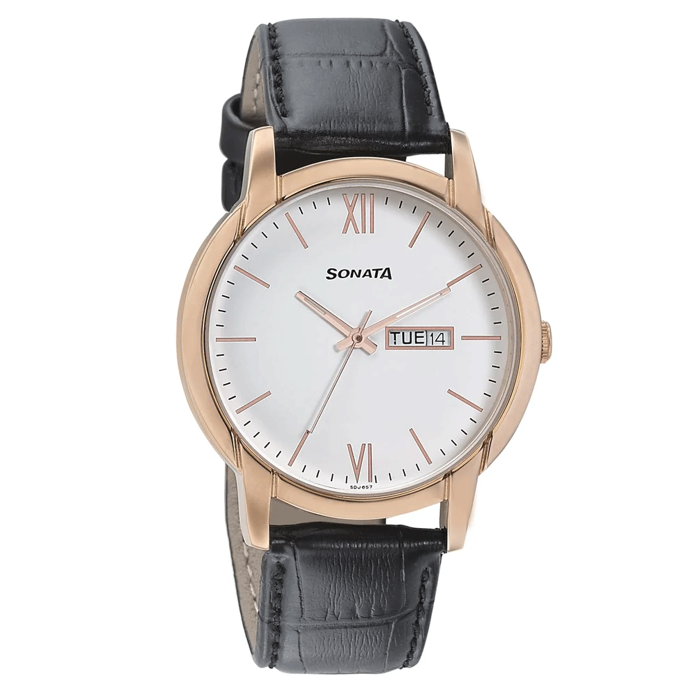 Buy Sonata Beyond Gold White Dial Leather Strap Watch Black Online ...