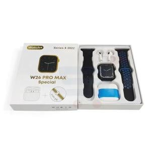 Smart Watch W26 Pro Max Combo - Watch + BT Earbuds + Dual Straps changeable Calls Health Tracker All Notifications for Android / IOS - Color White ,BK