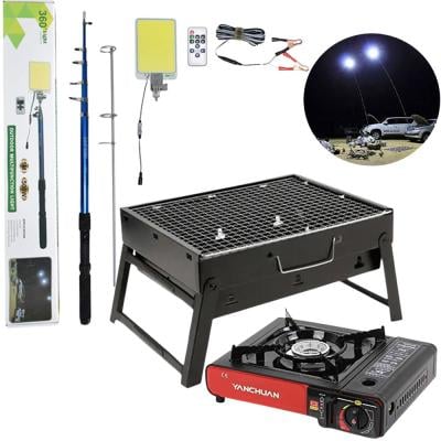 3 In 1 Camping Bundle Portable BBQ Charcoal Grill Multifunctional Outdoor LED Light 500W And Portable Gas Stove