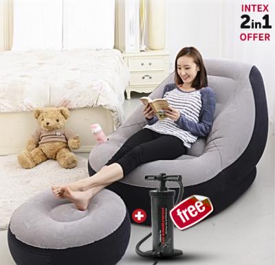 2 In 1 Bundle Intex Air Chair with Footrest & Get Free Intex Manual Air Pump, 68564