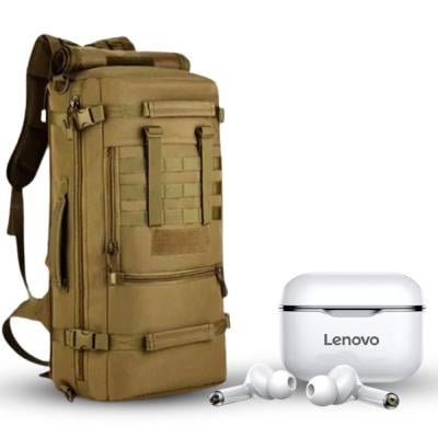 2 In 1 Lenovo LP1 Live Pod Wireless Bluetooth Earphone And Generic Tactical Hiking Backpack Khaki