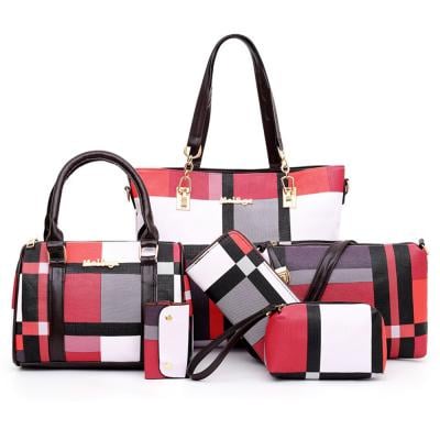 Womens 6 Piece PU Leather Canvas Bag with Pattern/Print Zipper,Pink