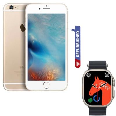 2 in 1 Apple iPhone 6 1GB RAM 64GB Storage 4G LTE, Gold Refurbished and T800 Ultra Smart Watch Series 8 Wireless Bluetooth Sports Smartwatch Black